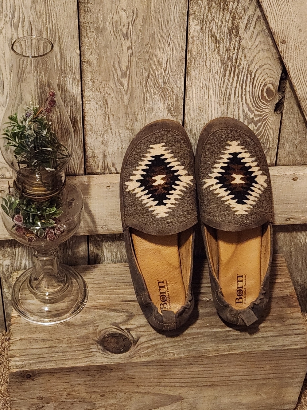 Born Brand, Gray Suede Slip-On Flats with Aztec Embroidery